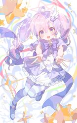  1girl :d absurdres ahoge back_bow blue_archive blush bow bowtie byyy_(user_xgka2437) chinese_commentary chromatic_aberration commentary_request double-parted_bangs double_v drill_hair earrings frilled_skirt frills full_body hair_between_eyes hair_ornament halo head_tilt highres jacket jewelry knees_together_feet_apart leg_up long_hair looking_at_viewer magical_girl making-of_available multicolored_eyes multicolored_hair no_gloves official_alternate_costume official_alternate_hairstyle open_mouth outstretched_arms pantyhose pink_bow pink_hair pink_halo puffy_short_sleeves puffy_sleeves purple_bow purple_bowtie purple_hair purple_jacket purple_pantyhose purple_shoes reisa_(blue_archive) reisa_(magical)_(blue_archive) shirt shoes short_sleeves skirt smile solo sparkle star_(symbol) star_earrings star_hair_ornament star_halo striped_clothes striped_pantyhose twin_drills twintails two-tone_eyes two-tone_hair v violet_eyes white_background white_shirt white_skirt wing_hair_ornament winged_shoes yellow_eyes 