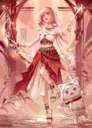  1girl animal armor arrow_(projectile) artist_name beads belt blue_gemstone blunt_bangs bow_(weapon) bracelet braid brown_eyes brown_sandals cat cloak closed_mouth clothed_animal commentary crop_top ear_covers earrings english_commentary fringe_trim full_body gem gold_armor gold_belt gold_bracelet gold_bracer gold_earrings gold_necklace grey_belt hair_beads hair_ornament hair_tubes hairband happy highres holding holding_arrow holding_bow_(weapon) holding_weapon hood hood_up hooded_cloak hoop_earrings infinity_nikki jewelry layered_skirt leg_up light_particles lipstick long_skirt looking_at_viewer makeup midriff momo_(nikki) multicolored_hairband multiple_bracelets navel necklace nikki_(nikki) nikki_(series) official_alternate_costume outdoors outstretched_arms pillar pink_hair pleated_skirt purifying_wind_(infinity_nikki) rakasademon red_lips red_skirt reflection reflective_liquid sandals shirt short_hair side_braids side_slit single_bracer skirt sleeveless sleeveless_shirt smile standing standing_on_liquid studded_bracelet sunset toes twin_braids water watermark weapon whiskers white_cat white_cloak white_shirt white_skirt 