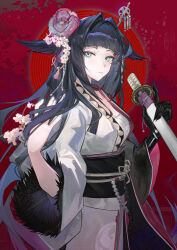  1girl absurdres aqua_eyes arknights black_gloves black_hair blunt_bangs chest_sarashi closed_mouth flower gloves hair_flower hair_intakes hair_ornament highres holding holding_sword holding_weapon japanese_clothes kimono long_hair long_sleeves looking_at_viewer mio_(arknights) sarashi single_glove solo sword verniy_(tony52911856) weapon white_kimono 