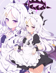  absurdres ahoge apron black_halo blue_archive blush breasts demon_girl demon_horns demon_wings halo highres hina_(blue_archive) horns kame_(nokonoko10271) long_hair looking_at_viewer low_wings maid maid_apron maid_headdress small_breasts solo standing very_long_hair violet_eyes white_hair wings 