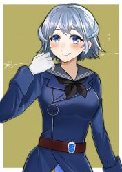  1girl absurdres alternate_hair_length alternate_hairstyle black_neckerchief blue_eyes blue_hair blue_sailor_collar border commentary_request cowboy_shot dotted_line gloves gotland_(kancolle) green_background highres kantai_collection looking_at_viewer military military_uniform mole mole_under_eye neckerchief parted_lips sailor_collar scissors short_hair smile solo toriniku_senshi_chikinman white_border white_gloves 