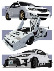  absurdres artist_logo car commentary english_commentary gullwing_doors highres lamborghini license_plate logo motor_vehicle no_humans original race_vehicle racecar sorithespooky spoiler_(automobile) sponsor sports_car subaru_impreza toyota_gr_yaris vehicle_focus vehicle_request white_car 