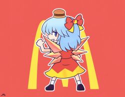  1girl 216 alternate_color blue_eyes blue_hair bow burger cirno copyright_logo dress food from_behind full_body logo mcdonald's pointing pointing_at_self red_background red_bow red_dress socks solo touhou white_socks 