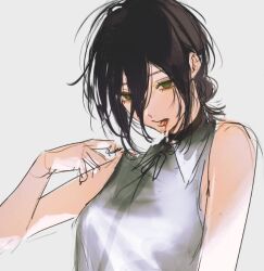 1girl bare_shoulders black_choker black_hair blood blood_from_mouth breasts chainsaw_man choker collared_shirt green_eyes grey_background hair_between_eyes hair_bun inuo_(inuo_x) medium_breasts medium_hair reze_(chainsaw_man) shirt sketch sleeveless sleeveless_shirt solo updo upper_body white_shirt 