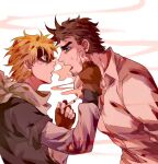  2boys aged_down aged_up battle_tendency breathing_smoke brown_hair caesar_anthonio_zeppeli child cigarette dress_shirt face_grab facial_hair facial_mark fingerless_gloves gloves goatee green_eyes holding holding_cigarette jojo_no_kimyou_na_bouken joseph_joestar joseph_joestar_(young) layered_sleeves long_sleeves multiple_boys profile shaded_face shirt short_over_long_sleeves short_sleeves stubble time_paradox zhoujo51 