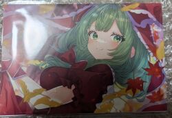  1girl autumn_leaves commentary_request from_side front_ponytail green_eyes green_hair highres hoshi_tea_party kagiyama_hina leaf long_hair looking_at_viewer looking_to_the_side maple_leaf photo_(medium) short_hair solo touhou 