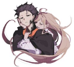  1boy 1girl ahoge black_eyes black_hair blonde_hair blue_eyes cloak dress fukurou_(6wh2z) hair_slicked_back hand_on_another's_face long_hair long_sleeves louis_arneb natsuki_subaru open_mouth re:zero_kara_hajimeru_isekai_seikatsu rui_arneb sharp_teeth short_hair simple_background teeth white_background white_dress 