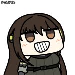 1girl animated animated_gif artist_name atsuko&#039;s_grin_(meme) brown_eyes brown_hair chibi chinese_commentary commentary_request girls_frontline grin long_hair lowres m4a1_(girls&#039;_frontline) meme mod3_(girls&#039;_frontline) multicolored_hair particle_cannon_case seseren simple_background smile solo streaked_hair teeth transparent_background 