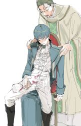  2boys alcohol ascot black_boots blue_coat blue_gemstone blue_hair blush boots chair closed_eyes coat cup drinking_glass drunk gem glasses green_hair hair_between_eyes hair_slicked_back hands_on_another's_shoulders heiter highres himmel_(sousou_no_frieren) holding holding_cup male_focus mole mole_under_eye multiple_boys nya_pe open_mouth pants parted_lips priest red_wine shirt short_hair sitting sousou_no_frieren stain white_ascot white_background white_pants white_shirt wine wine_glass 