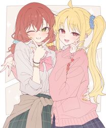  2girls ahoge blonde_hair blue_scrunchie bocchi_the_rock! border bow bowtie bracelet breasts brown_cardigan cardigan commentary cowboy_shot diagonal-striped_bow diagonal-striped_bowtie diagonal-striped_clothes double_w dress_shirt e20 ear_piercing grey_shirt gyaru gyaru_w hair_ornament hair_scrunchie hand_on_another's_waist highres ijichi_nijika jewelry kita_ikuyo long_hair low_twintails multiple_girls nail_polish outside_border piercing pink_bow pink_bowtie pink_cardigan pink_nails red_bow red_bowtie red_eyes ring school_uniform scrunchie shirt side_ponytail striped_bow striped_bowtie striped_clothes teeth three-quarter_sleeves twintails upper_teeth_only w w_over_mouth white_border yellow_nails yellow_scrunchie 