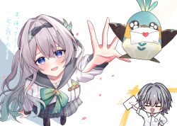  1boy 1girl absurdres black_ribbon blue_pupils blush bow bowtie brown_shoes caelus_(honkai:_star_rail) commentary_request firefly_(birefly)_(honkai:_star_rail) firefly_(honkai:_star_rail) firefly_(spring_missive)_(honkai:_star_rail) gradient_eyes gradient_hair green_bow green_bowtie grey_hair grey_hairband grey_sailor_collar grey_skirt hair_between_eyes hair_intakes hair_ornament hair_ribbon hairband highres honkai:_star_rail honkai_(series) long_hair long_sleeves multicolored_eyes multicolored_hair open_mouth plaid_bow plaid_bowtie plaid_clothes pleated_skirt reaching reaching_towards_another ribbon sailor_collar shirt shoes skirt smile str_sawa teeth trailblazer_(honkai:_star_rail) upper_teeth_only white_shirt 