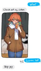  1girl cellphone chat_log coat fake_phone_screenshot fake_screenshot gradient_hair green_hair highres holding holding_phone hololive hololive_english lifting_own_clothes long_hair looking_at_phone mirror_selfie multicolored_hair orange_hair paid_reward_available phone ritorugalaxy scarf selfie solo takanashi_kiara text_messaging violet_eyes virtual_youtuber 