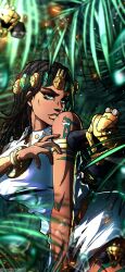  1girl absurdres arm_tattoo armlet black_hair blue_eyes bracelet breasts collared_dress compound_eyes dark-skinned_female dark_skin dragona_joestar dreadlocks dress english_commentary flower_wreath green_eyes highres jewelry jojo_no_kimyou_na_bouken jungle large_breasts laurel_crown leg_tattoo long_hair looking_at_viewer nature noonvincent parted_lips smooth_operators solo stand_(jojo) tattoo the_jojolands white_dress 