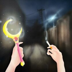  acrylic_paint_(medium) bishoujo_senshi_sailor_moon cigarette fence georgia_nielson holding holding_cigarette moon_stick_(sailor_moon) night night_sky original painting_(medium) pov pov_hands sky smoking solo sparkle surreal traditional_media utility_pole wooden_fence 