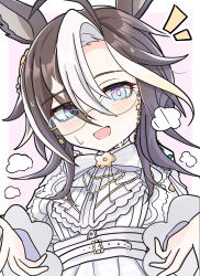  1girl absurdres ahoge animal_ears arnolddayo black_hair blue_eyes blush bow brown_hair commentary_request dream_journey_(snow-white_dreamland)_(umamusume) dream_journey_(umamusume) dress eyewear_strap glasses hair_between_eyes highres horse_ears horse_girl long_hair long_sleeves looking_at_viewer multicolored_hair official_alternate_costume open_mouth outstretched_arms smile solo sweat umamusume upper_body white_bow white_dress white_hair 