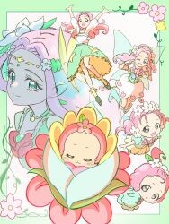 1girl :3 :o absurdres artist_request blush boots braid bubble_skirt cure_felice fairy fairy_wings flower flower_in_eye green_boots green_eyes green_skirt ha-chan_(mahou_girls_precure!) hair_flower hair_ornament hanami_kotoha highres jewelry long_hair looking_at_viewer mahou_girls_precure! one_eye_closed open_mouth pink_hair pointing pointing_at_self pointy_boots precure puffy_sleeves shirt skirt smile symbol_in_eye time_paradox twin_braids white_shirt white_sleeves wings 