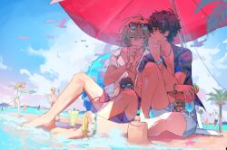  1girl 4boys akechi_gorou amamiya_ren arm_up bare_pectorals beach_umbrella bikini bird black_hair black_shirt blonde_hair bracelet clouds collarbone drink drinking_straw eyewear_on_head food fruit glass hair_between_eyes hashtag-only_commentary highres holding holding_drink holding_water_gun innertube jewelry kitagawa_yuusuke male_focus male_swimwear metoerwarrior multiple_boys necklace ocean open_clothes open_shirt orange_(fruit) orange_slice outdoors palm_tree parted_bangs pectorals persona persona_5 print_shirt red_male_swimwear running sakamoto_ryuuji sandals shirt short_hair short_sleeves sitting sky smile sunglasses swim_ring swimsuit takamaki_anne tree umbrella water water_gun 