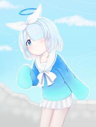  1girl arona_(blue_archive) artist_name blue_archive blue_eyes blue_hair blue_halo blue_shirt blue_sky blush bow_hairband braid choker closed_mouth clouds colored_inner_hair commentary cowboy_shot day english_commentary hair_over_one_eye hairband halo highres long_sleeves looking_at_viewer mcsadat multicolored_hair neckerchief outdoors outline pink_hair pleated_skirt ruins sailor_collar school_uniform shirt short_hair single_braid skirt sky sleeves_past_fingers sleeves_past_wrists smile solo white_choker white_hairband white_neckerchief white_outline white_sailor_collar white_skirt 