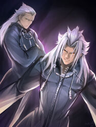  2boys absurdres ansem_seeker_of_darkness black_coat_(kingdom_hearts) commentary_request crossed_arms dark-skinned_male dark_skin dated dutch_angle evil_grin evil_smile furrowed_brow gogo_(detteiu_de) grey_hair grin hair_intakes hair_slicked_back highres hood hood_down hooded_coat kingdom_hearts kingdom_hearts_iii long_hair male_focus multiple_boys orange_eyes parted_bangs purple_background serious signature smile upper_body xemnas zipper 