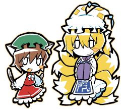  2girls animal_ear_piercing animal_ears bakeneko barefoot blonde_hair blue_tabard blush_stickers bow bowtie brown_hair buttons cat_ears cat_girl cat_tail chen chibi closed_mouth collared_dress collared_vest colored_skin contrast_collar dress ear_covers fang fox_girl fox_tail frilled_dress frilled_headwear frilled_skirt frilled_sleeves frills green_hat hair_between_eyes happy hat hat_tassel height_difference high_collar kitsune kokum0tsu long_dress long_skirt long_sleeves mob_cap multiple_girls multiple_tails ofuda ofuda_on_clothes open_mouth outline own_hands_together pleated_skirt puffy_long_sleeves puffy_sleeves red_skirt red_vest shirt short_hair simple_background single_blush_sticker skirt sleeves_past_fingers sleeves_past_wrists smile standing tabard tail touhou two_tails vest white_background white_bow white_bowtie white_dress white_eyes white_hat white_shirt white_skin wide_sleeves yakumo_ran yellow_outline 