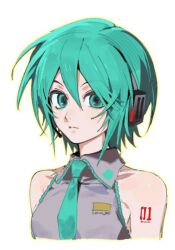 1girl alternate_hair_length alternate_hairstyle aqua_eyes aqua_hair aqua_necktie bare_shoulders collarbone hair_between_eyes hatsune_miku headset looking_at_viewer necktie number_tattoo red_shirt shirt short_hair shoulder_tattoo sleeveless sleeveless_shirt solo tattoo upper_body vocaloid yongsa_(y0ngs4) 