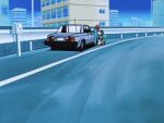  2girl 80s anime_screencap blue_pants blue_sky car city city_hunter cityscape flat_tire ground_vehicle road 
