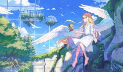  1girl angel angel_wings animal barefoot bird blonde_hair blue_sky broken_window commentary_request crown day deer dress falling_feathers feathers flying forest from_side full_body highres holding holding_crown ito_yoshi long_hair medium_dress nature original outdoors overgrown parted_lips ruins scenery shadow sky solo stone_wall stream three-quarter_sleeves throne very_long_hair white_bird white_dress white_wings wings 