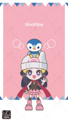  +_+ 1girl beanie black_hair black_thighhighs blue_eyes blue_hair blush boots commentary_request floating_scarf hair_ornament hairclip hat highres hikari_(pokemon) holding holding_poke_ball long_hair looking_at_viewer meme_(sleepsheep) on_head open_mouth pink_boots pink_skirt piplup poke_ball poke_ball_(basic) poke_ball_print pokemon pokemon_(creature) pokemon_dppt pokemon_on_head poketch red_scarf scarf shirt skirt sleeveless smile symbol-shaped_pupils thigh-highs watch watch waving white_hat 