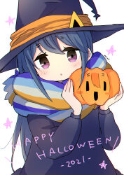  1girl 2021 absurdres artist_name blue_hair blue_scarf commentary_request dress halloween halloween_costume happy_halloween hat highres holding holding_pumpkin jack-o'-lantern long_hair long_sleeves looking_at_viewer mint_(mintlemonade3) open_mouth pumpkin scarf shima_rin solo star_(symbol) striped_clothes striped_scarf sweatdrop upper_body violet_eyes witch witch_hat yurucamp 