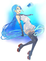  1girl aqua_hair black_gloves black_neckerchief black_sailor_collar black_thighhighs blonde_hair blue_eyes blue_hair commentary elbow_gloves fish gloves gradient_hair kantai_collection long_hair multicolored_hair neckerchief open_mouth rudder_footwear sailor_collar samidare_(kancolle) shirt shoes simple_background skirt sleeveless sleeveless_shirt solo thigh-highs tobade_(tbdfactory) very_long_hair white_skirt 