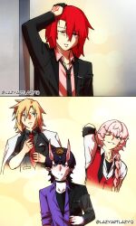  1boy 3girls astolfo_(fate) bishounen black_necktie black_shirt blonde_hair blush commentary earrings english_commentary fate/grand_order fate_(series) fujimaru_ritsuka_(female) highres jewelry lazyartlazy12 long_hair looking_at_viewer mordred_(fate) multiple_girls necktie pink_hair purple_shirt red_eyes red_hair red_necktie red_shirt shirt shuten_douji_(fate) taida_(lazyartlazy12) violet_eyes 