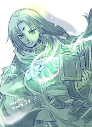  1boy artist_name book commentary_request dated facial_mark fire_emblem fire_emblem:_path_of_radiance forehead_mark green_theme highres holding holding_book long_hair male_focus solo soren_(fire_emblem) usachu_now 
