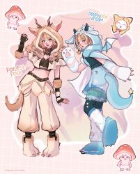  2girls above-cleavage_cutout absurdres animal animal_costume animal_ear_hood animal_ears animal_hands aqua_shorts baggy_pants belt black_belt black_gloves black_horns black_pantyhose black_shirt blue_bow blue_cloak blue_eyes blue_shirt blue_shoes blue_shorts blue_skirt blue_tail blue_wings bow brown_cloak cat character_name cloak clothed_animal clothing_cutout cloud_print commentary crop_top deepwood_dream_(infinity_nikki) dragon_costume dragon_horns dragon_tail dragon_wings elbow_gloves english_commentary fake_antlers fake_tail fake_wings fingerless_gloves forest_folk_(infinity_nikki) frilled_shorts frills fringe_trim full_body fur-trimmed_gloves fur-trimmed_hood fur_cloak fur_gloves fur_leg_warmers fur_trim gloves grid_background hair_bow happy heart_cutout high-waist_skirt highres hood hood_up hooded_cloak horns infinity_nikki instagram_username leg_cutout leg_warmers light_blush looking_back low_twintails midriff miniskirt momo_(nikki) multicolored_hair multiple_girls mushroom nikki_(series) open_mouth pants pantyhose paw_gloves paw_shoes pink_background print_cloak print_leg_warmers print_skirt ribbon-trimmed_shorts ribbon_trim shirt shoes short_twintails shorts shorts_under_skirt shroomling_(infinity_nikki) skirt smile standing star_(symbol) star_print storijuna streaked_hair striped_clothes striped_pantyhose surprised tail triangle_print turtleneck turtleneck_shirt twintails two-tone_cloak vertical-striped_clothes vertical-striped_pantyhose waving white_cat white_cloak white_gloves white_leg_warmers white_pants white_shoes wings wolf_ears wolf_tail 
