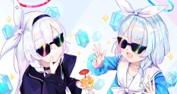  2girls ailushin arona_(blue_archive) blue_archive blue_hair blue_shirt bow_hairband braid choker colored_inner_hair cup english_commentary hair_over_one_eye hairband halo hands_up highres holding holding_cup light_blush long_sleeves looking_at_another multicolored_hair multiple_girls neckerchief open_mouth parted_lips pink_hair plana_(blue_archive) pyroxene_(blue_archive) red_halo sailor_collar school_uniform shirt single_braid smile sunglasses upper_body white_choker white_hairband white_neckerchief 