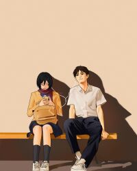  1boy 1girl bench black_hair black_pants black_skirt black_socks closed_eyes collared_shirt contemporary earphones eren_yeager full_body hair_between_eyes highres jacket light_smile mikasa_ackerman pants red_scarf scarf shared_earphones shingeki_no_kyojin shirt shoes short_hair short_sleeves sitting skirt sneakers socks sumiensp white_shirt white_shoes yellow_bag yellow_jacket 