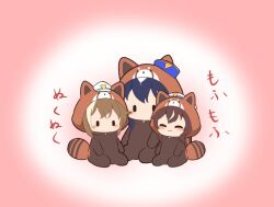  3girls :3 ^_^ blue_hair blush brown_hair cheval_grand_(umamusume) chibi chibi_only closed_eyes closed_mouth commentary_request full_body gomashio_(goma_feet) hat long_hair multicolored_hair multiple_girls no_mouth red_panda_costume short_hair siblings sisters sitting smile translation_request two-tone_hair umamusume v_sisters verxina_(umamusume) vivlos_(umamusume) white_hair white_hat |_| 