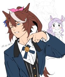  2girls :i animal_ears black_vest blue_jacket blush bow brown_hair clenched_teeth collar_tug earrings english_text hair_between_eyes highres horse_ears horse_girl jacket jewelry long_hair long_sleeves looking_at_viewer mejiro_mcqueen_(umamusume) meme multicolored_hair multiple_girls one_eye_closed own_hands_together pink_bow ponytail purple_hair shirt streaked_hair striped_clothes striped_vest tapeanna teeth tokai_teio_(umamusume) tongue tongue_out umamusume upper_body v-shaped_eyebrows vest waistcoat white_hair white_shirt zesty_sonic_(meme) 