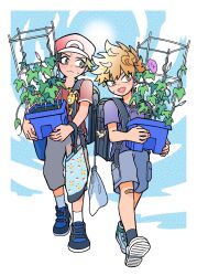  2boys :< backpack bag bag_charm bandaid bandaid_on_knee bandaid_on_leg black_socks blue_oak blue_sky border brown_hair cargo_shorts chacha_(heart_poco) character_charm character_print charm_(object) clouds commentary_request crime_prevention_buzzer day dots flower flower_request hat highres holding holding_plant leaf looking_at_another looking_to_the_side male_focus multiple_boys no_nose pants pidgey pikachu plant planter pokemon pokemon_frlg print_bag purple_flower red_(pokemon) red_hat shirt shoes short_hair shorts sideways_glance sky sneakers socks sun sweat t-shirt walking white_bag white_border white_socks 