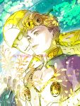  2boys blonde_hair blue_eyes braid giorno_giovanna gold_experience jojo_no_kimyou_na_bouken ladybug_ornament male_focus merumeru626 multiple_boys pectoral_cleavage pectorals plant stand_(jojo) vento_aureo wing_ornament 