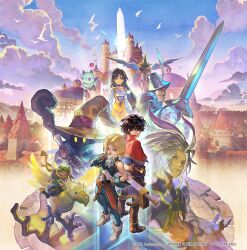  1girl 6+boys adelbert_steiner aldo_(another_eden) another_eden armor back-to-back bare_shoulders bird black_choker black_hair black_mage_(final_fantasy) black_waltz blonde_hair blue_coat blue_pants blue_vest blue_wrist_cuffs blush bodysuit boots breasts brown_boots brown_gloves capelet castle cat_tail chocobo choker clouds cloudy_sky coat codpiece commentary_request creature cropped_jacket cropped_vest crossover crystal cyrus_(another_eden) feather_hair_ornament feathers final_fantasy final_fantasy_ix frog_boy full_body furrowed_brow garnet_til_alexandros_xvii gloves gold_trim grey_boots grey_gloves grey_hair hair_ornament hair_over_one_eye hand_on_own_hip hat helm helmet highres holding holding_staff holding_sword holding_weapon horizontal_pupils jewelry juliet_sleeves knight kuja long_hair long_sleeves low-tied_long_hair medium_breasts midriff moogle multiple_boys navel neck_ribbon official_art open_mouth orange_bodysuit pants parted_bangs pauldrons pendant plate_armor ponytail puffy_sleeves red_capelet ribbon riding riding_bird shirt short_ponytail shoulder_armor showgirl_skirt sky square_enix staff sword tail thigh_strap trap upper_body vest vivi_ornitier weapon white_shirt wings wizard_hat wright_flyer wrist_cuffs yellow_eyes zidane_tribal 