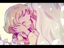  2girls blonde_hair blurry blurry_foreground closed_eyes commentary_request flower hand_on_another's_hand hands_on_another's_face isara_(majo_no_ryodan) long_hair luca_(majo_no_ryodan) makino_(727me727) mother_and_daughter multiple_girls open_mouth petals refrain_no_chika_meikyuu_to_majo_no_ryodan short_hair simple_background white_flower white_hair 