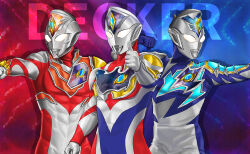  1boy abs absurdres alien arm_out_of_frame armor asymmetrical_armor blue_background blue_skin breastplate character_name clenched_hand color_timer colored_skin commentary compound_eyes cowboy_shot crystal dorsal_fin english_commentary english_text forehead_jewel giant giant_male glowing glowing_eyes gradient_background hand_up highres looking_at_viewer male_focus multiple_forms multiple_views muscular muscular_male neo_phantom no_pupils outstretched_arm pectorals purple_background red_background red_skin ribs shoulder_armor shoulder_pads silver_skin single_shoulder_pad thumbs_up tokusatsu toned toned_male ultra_series ultraman_decker ultraman_decker_(flash_type) ultraman_decker_(miracle_type) ultraman_decker_(series) ultraman_decker_(strong_type) white_eyes wrinkled_skin 
