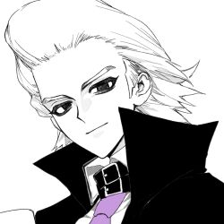  1boy atuo517 belt_collar black_eyes closed_mouth collar collared_shirt commentary_request cup dr._stone hair_slicked_back highres jacket limited_palette looking_at_viewer male_focus monochrome mug necktie portrait purple_necktie shirt short_hair simple_background smile solo spot_color upper_body white_background white_hair white_shirt xeno_(dr.stone) 