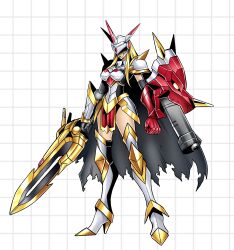  1girl absurdres adoptable arm_cannon armor armored_boots armored_dress black_cape blonde_hair boots breasts cape covered_eyes digimon digimon_(creature) dress expressionless eyes_in_shadow fake_horns forehead_jewel full_body gauntlets gem genderswap genderswap_(otf) gold gold_trim grid helmet helmet_over_eyes high_heel_boots high_heels highres holding holding_sword holding_weapon horned_helmet horns long_hair multiple_horns omegamon_alter-s oridigi partially_shaded_face pauldrons pelvic_curtain red_armor red_gemstone red_horns red_loincloth sewally1399982 short_dress shoulder_armor shoulder_spikes solo spikes standing sword torn_cape torn_clothes weapon white_armor white_helmet 