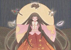  1girl bamboo_print bow bowtie branch brown_hair closed_eyes collared_shirt commentary facing_viewer five_impossible_requests houraisan_kaguya jeweled_branch_of_hourai leaf_print long_hair long_skirt long_sleeves moon_print open_mouth pink_shirt print_shirt print_skirt red_skirt shirt skirt so3 solo touhou very_long_hair white_bow white_bowtie wide_sleeves 