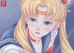  1girl bishoujo_senshi_sailor_moon blonde_hair blue_sailor_collar choker circlet clenched_teeth commentary_request earrings eyelashes grey_eyes heart heart_choker highres jewelry lipstick long_hair looking_to_the_side makeup meme pinguingurun14 red_choker sailor_collar sailor_moon sailor_moon_redraw_challenge_(meme) sailor_senshi_uniform signature solo teeth tile_floor tiles tsukino_usagi twintails 