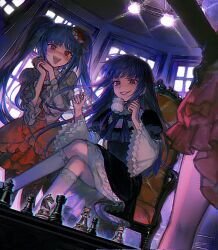  3girls bishop_(chess) black_dress black_gloves blue_bow blue_hair blue_ribbon blunt_bangs board_game bow cat_tail chair chess chess_piece chessboard choker chromatic_aberration cup dress flower frederica_bernkastel frilled_skirt frills furudo_erika gloves hair_flower hair_ornament hand_on_own_hip hat highres holding holding_chess_piece king_(chess) kkuang kneehighs knight_(chess) lambdadelta long_hair mug multiple_girls on_chair open_mouth pantyhose pawn_(chess) pink_bow pink_dress playing_chess red_bow red_eyes ribbon rook_(chess) rose sitting skirt smile socks tail twintails umineko_no_naku_koro_ni white_socks window 
