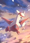  artist_name clouds flying highres latias nullma open_mouth orange_sky outdoors pokemon pokemon_(creature) signature sky solo watermark 