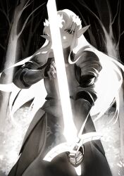  1girl armor armored_dress bare_tree blonde_hair commentary dress fantasy fighting_stance glowing glowing_hair glowing_sword glowing_weapon greyscale holding holding_sword holding_weapon knight laari_000 long_hair long_sleeves looking_at_viewer monochrome pointy_ears princess_zelda serious sidelocks solo sword the_legend_of_zelda tree weapon 