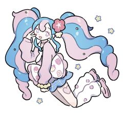 1girl aqua_hair blue_skirt character_request choker cute dot_nose flower fucca hair_ornament hand_up heart heart_choker highres holding_pillow leg_up leg_warmers long_hair long_sleeves looking_at_viewer multicolored_eyes multicolored_hair nail_polish non-web_source open_mouth pillow pink_hair pink_shirt pink_shoes sidelocks skirt smile solo sparkle star_(symbol) twintails two-tone_hair v white_background